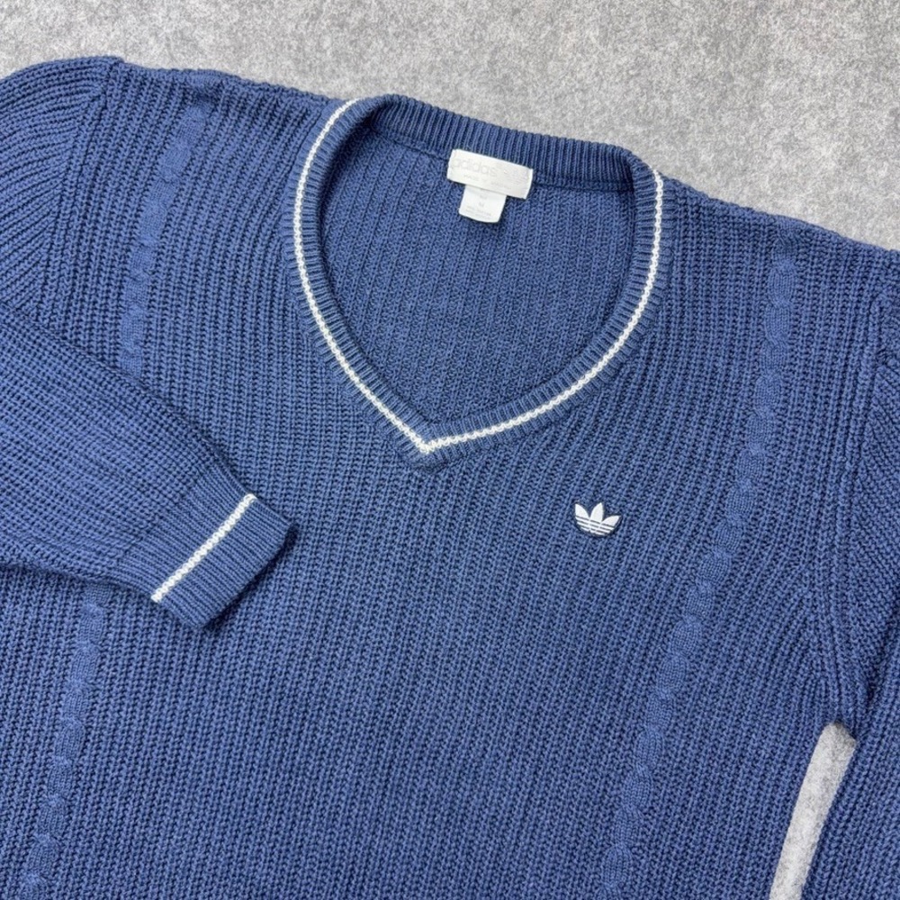VTG Adidas Sweater Womens Medium Blue V-Neck Cable Knit Trefoil Tennis 90s